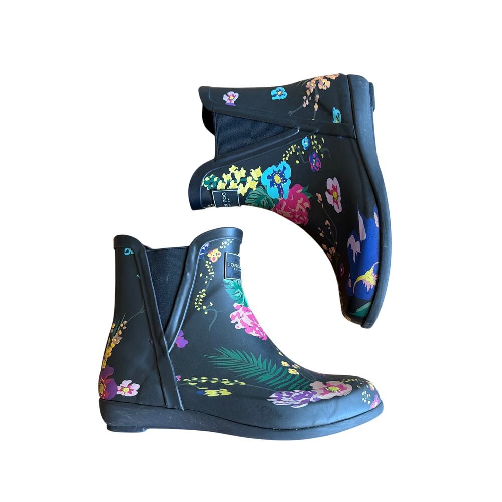 Women's size 6 London Fog Piccadilly Black Floral Ankle Rain Boots